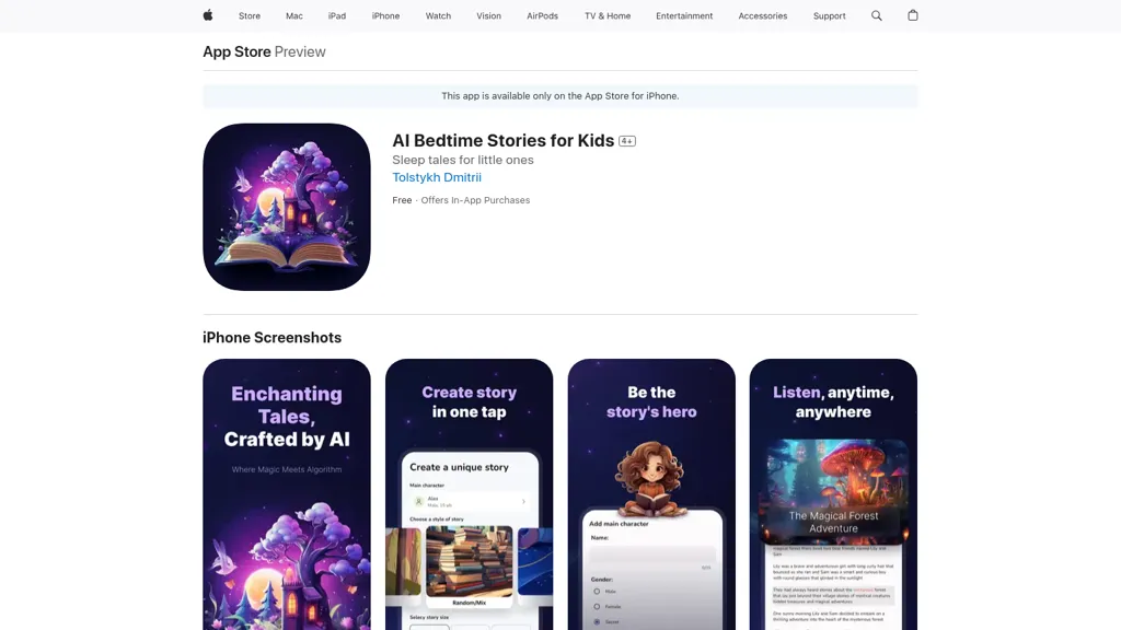 AI Bedtime Stories for Kids website
