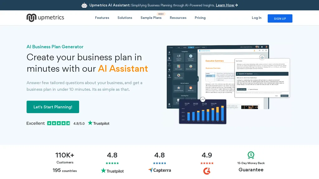 AI Business Plan Generator - Upmetrics website