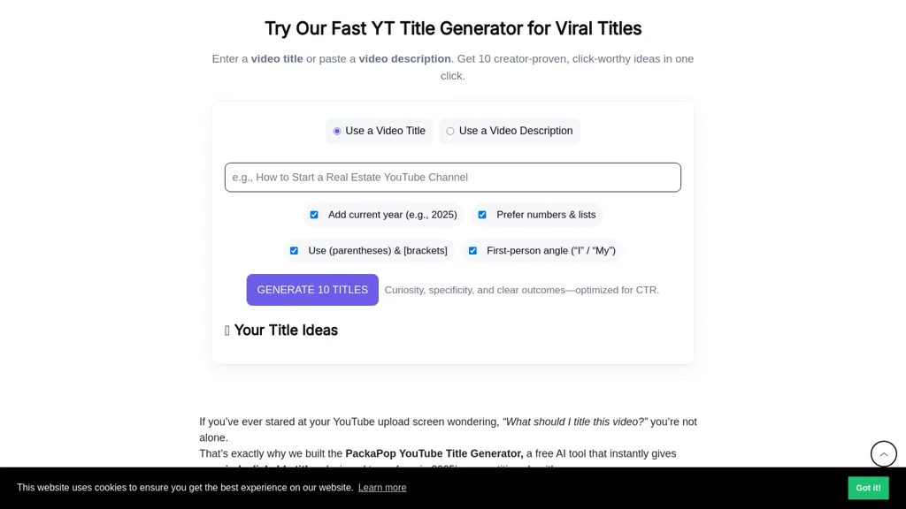 AI YouTube Title Generator- PackaPop AI tool screenshot