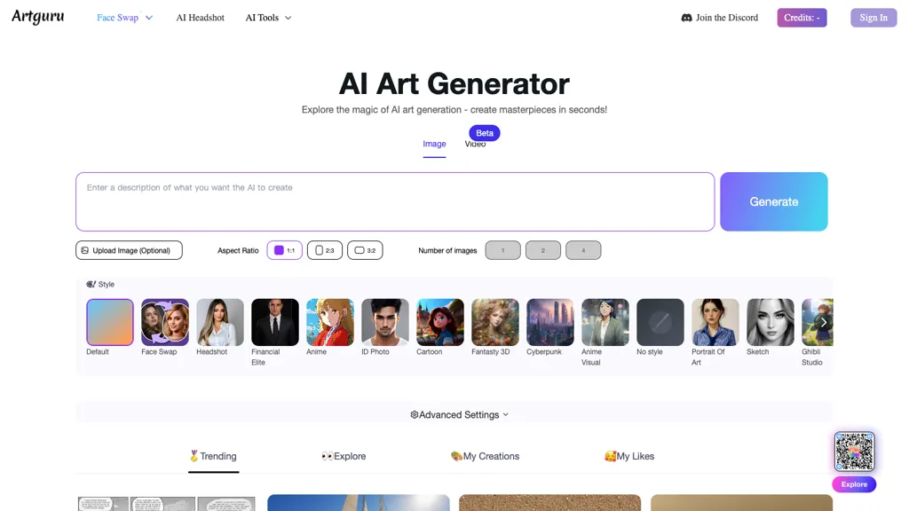 Artguru AI Art Generator website