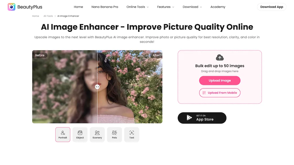 BeautyPlus Image Enhancer AI tool screenshot
