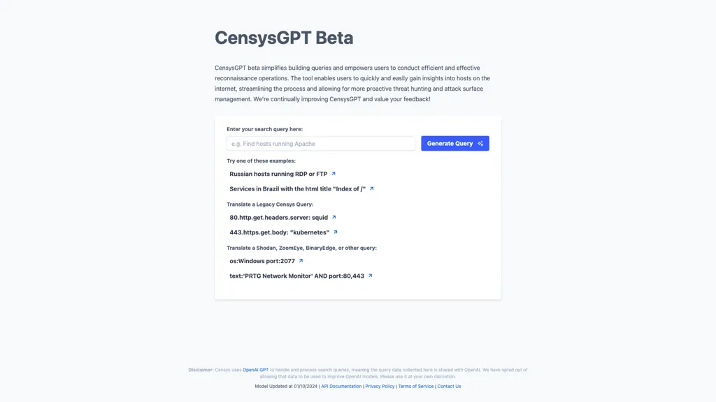 Censys GPT Beta AI tool screenshot