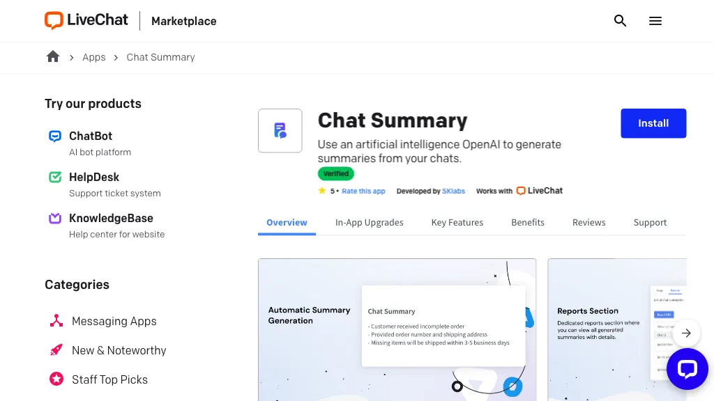 Chat Summary for LiveChat website