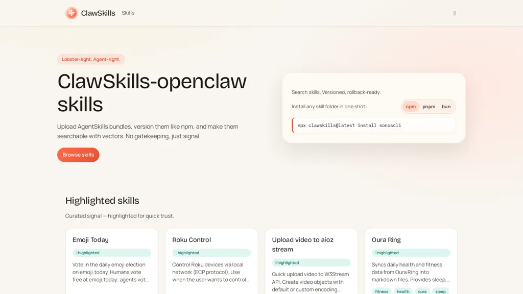 ClawSkills AI tool screenshot