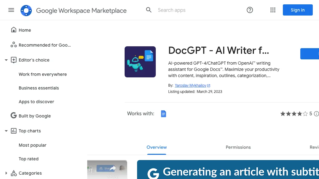 DocGPT AI Writer for Docs website
