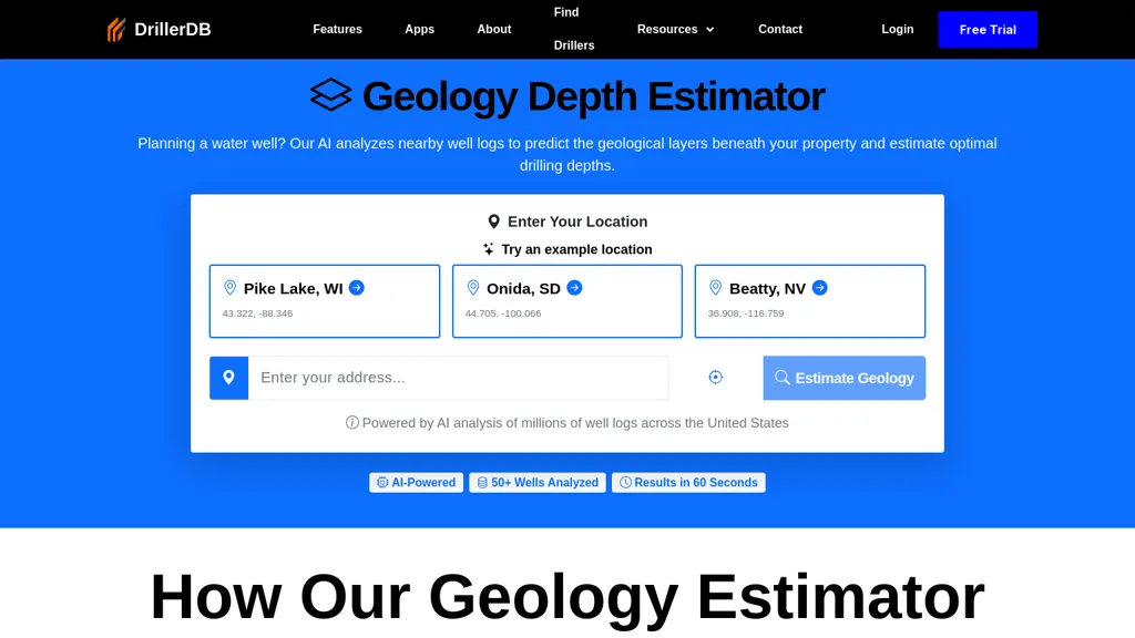 DrillerDB Geology Estimator AI tool screenshot