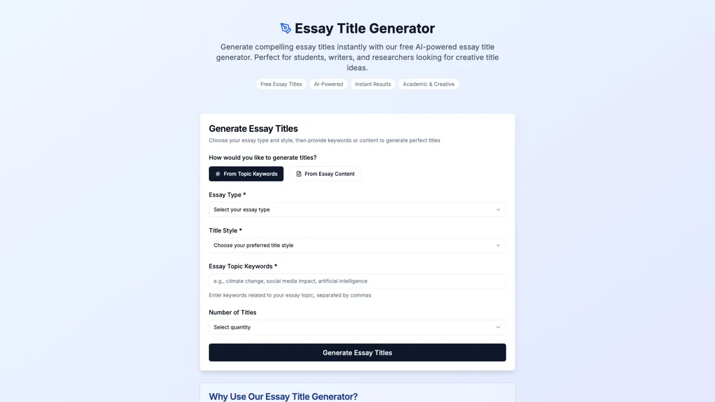 Essay Title Generator AI tool screenshot