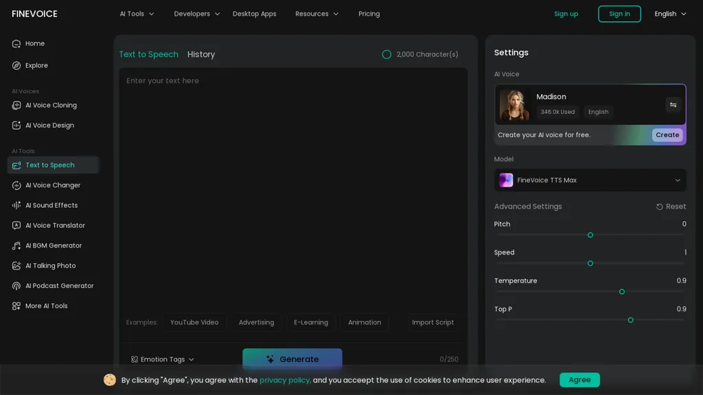 FineVoice Text to Speech AI tool screenshot