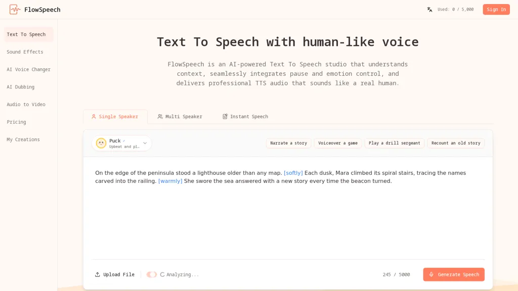 FlowSpeech AI tool screenshot