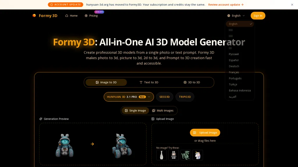 Formy3d.com AI tool screenshot