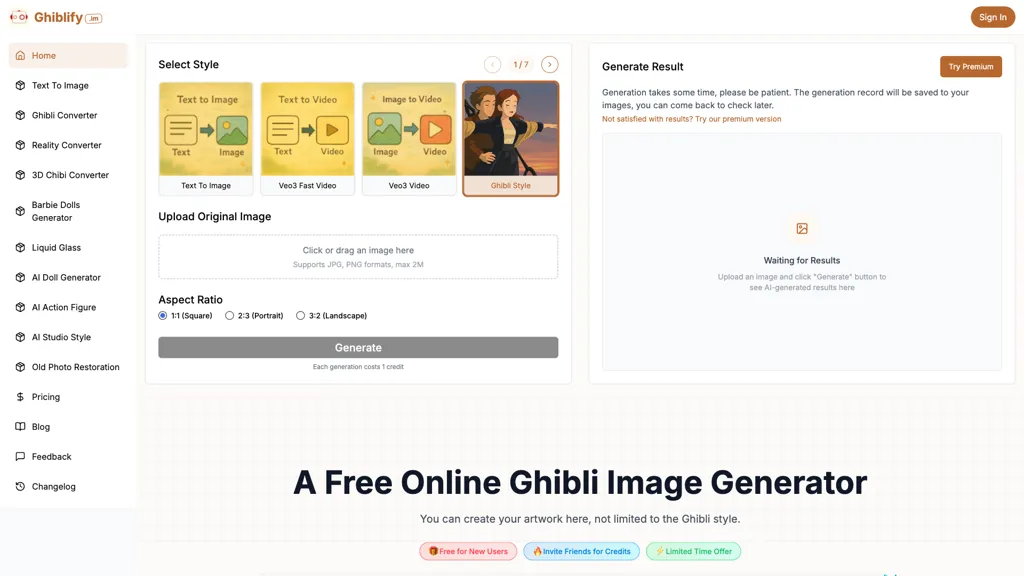 Ghiblify.im AI tool screenshot