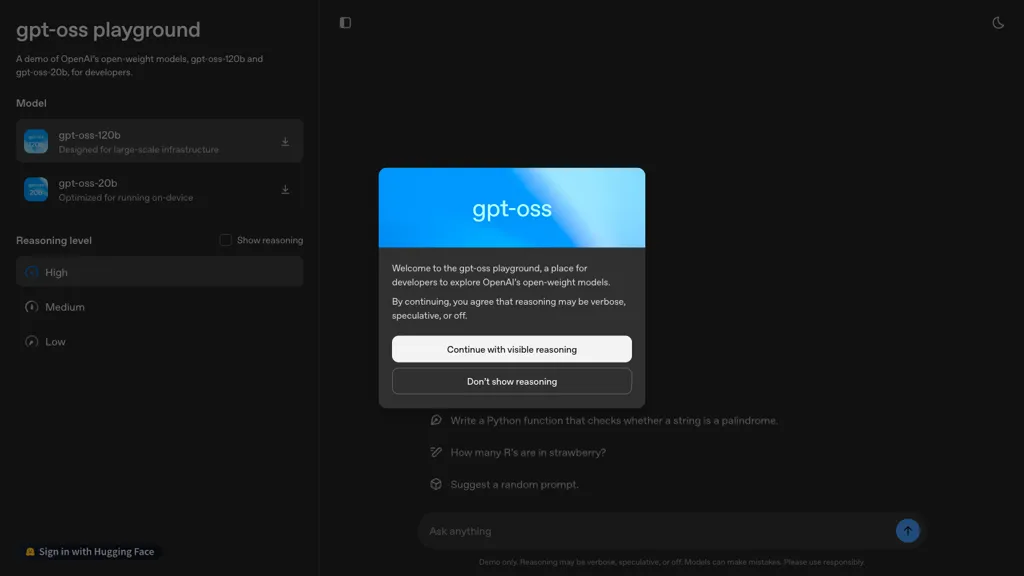 gpt-oss playground AI tool screenshot
