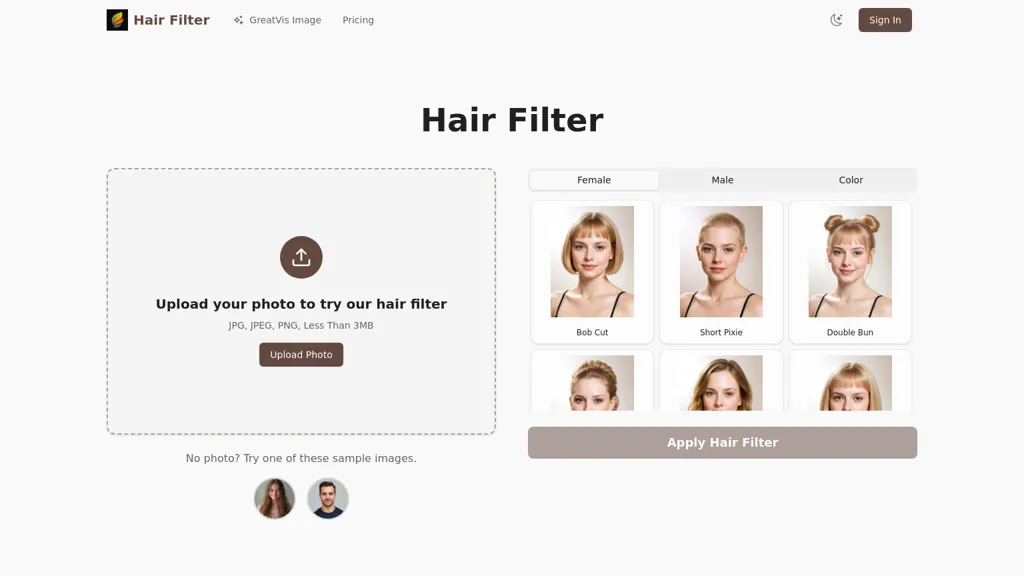 Hair Filter AI tool screenshot