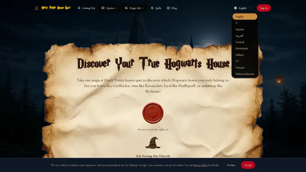 Harry Potter House Quiz AI tool screenshot