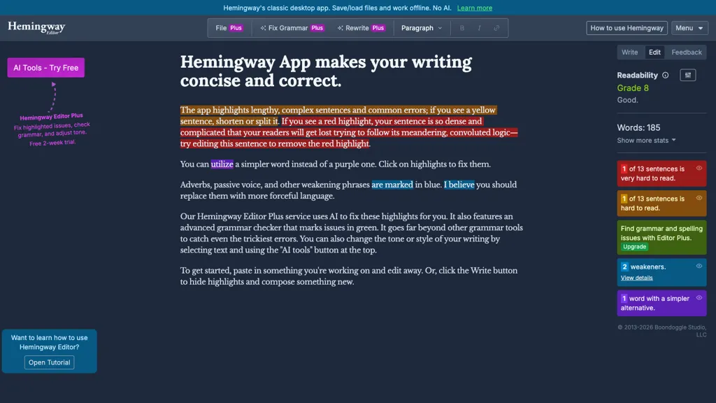 Hemingway Editor AI tool screenshot