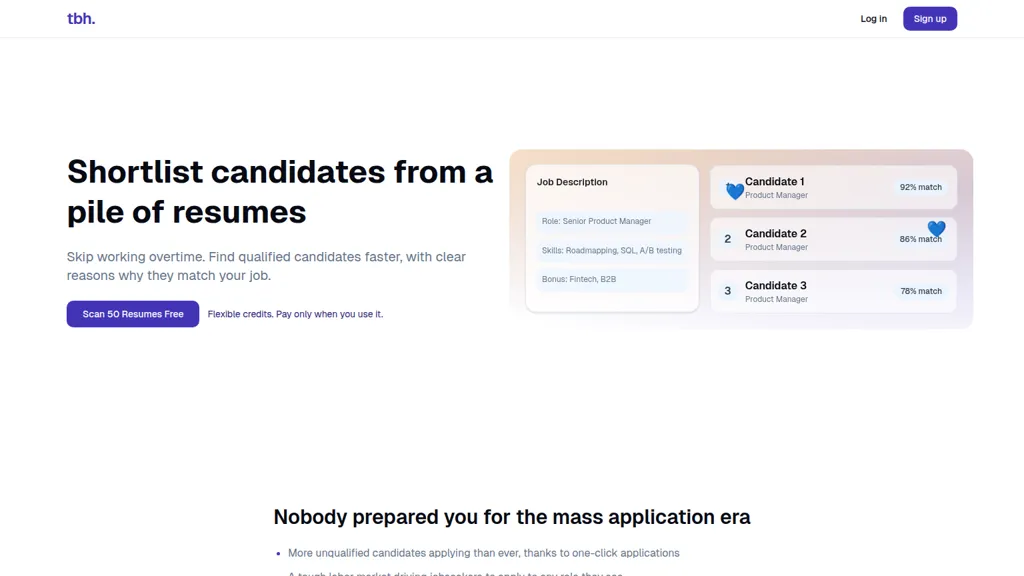 TBH resume screening AI tool screenshot