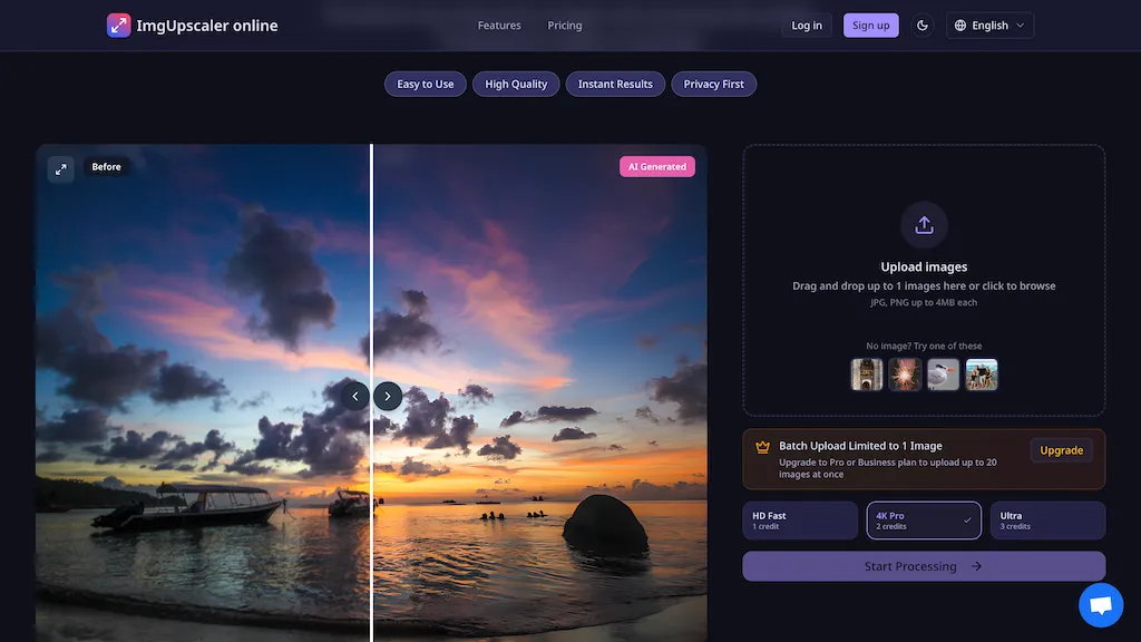 ImgUpscaler online AI tool screenshot