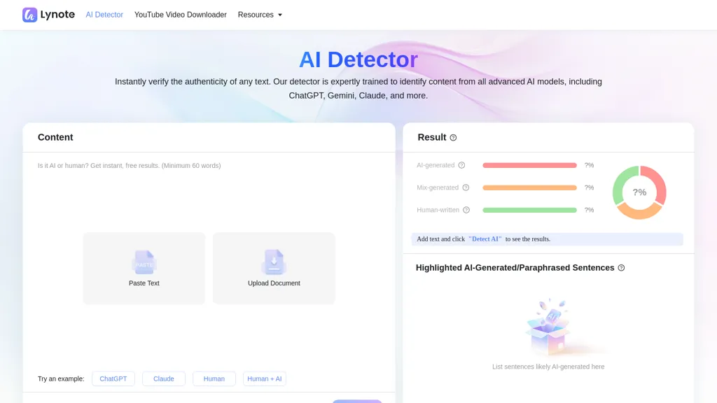 Lynote ai detector AI tool screenshot