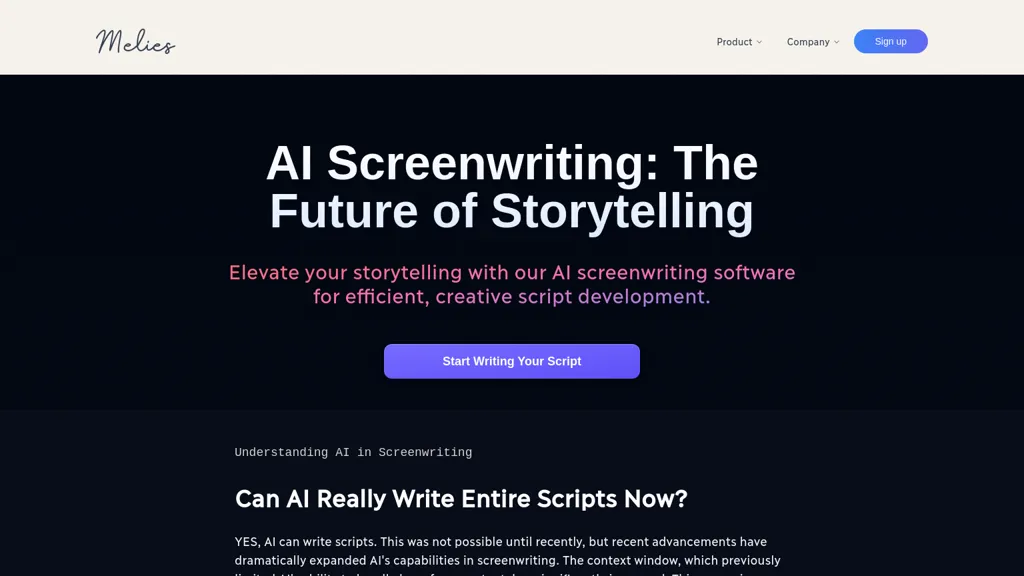 Melies AI Screenwriting Software website