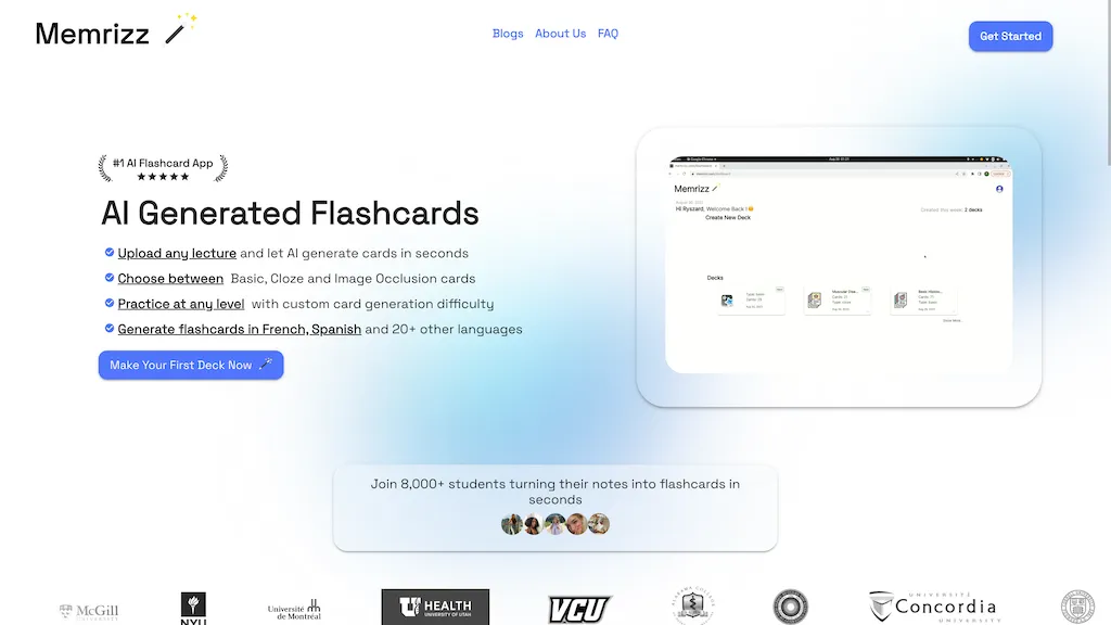 Memrizz AI Flashcard Generator website