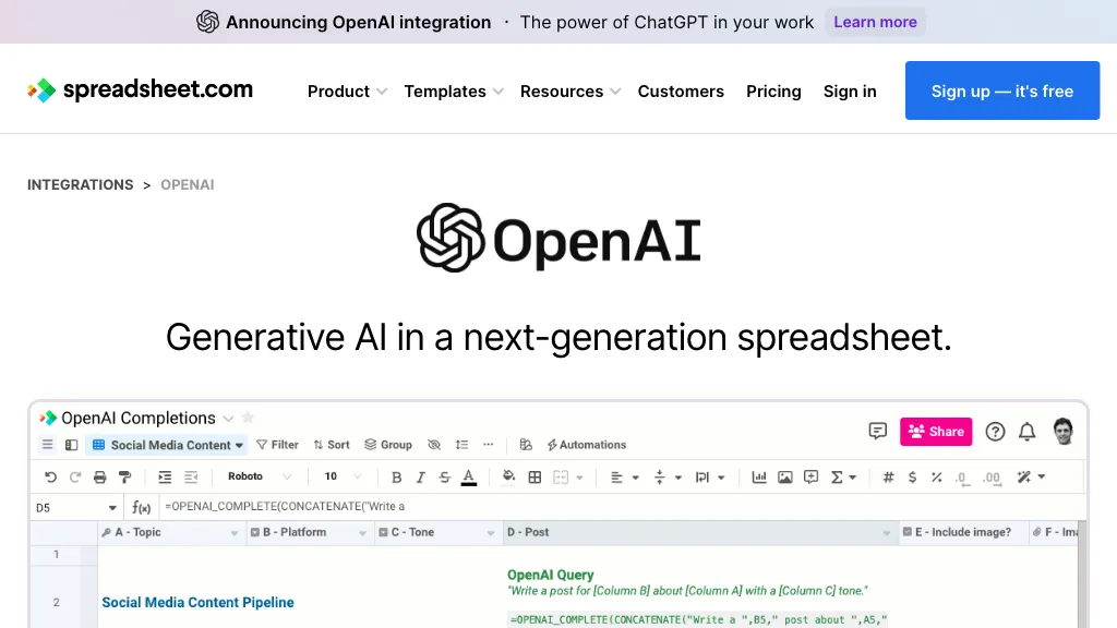 OpenAI in Spreadsheet website