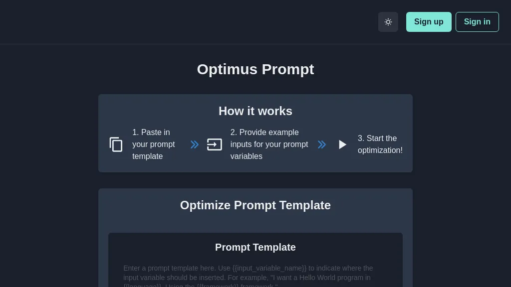 Optimus Prompt website