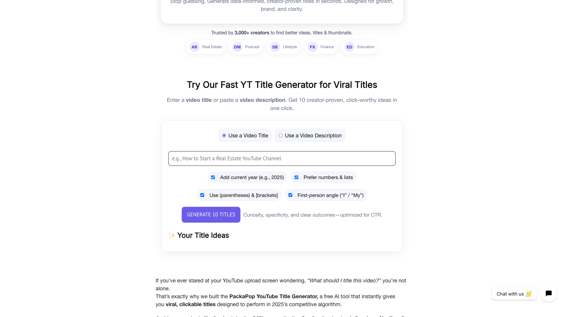 AI YouTube Title Generator- PackaPop - AI Content Creation Tool