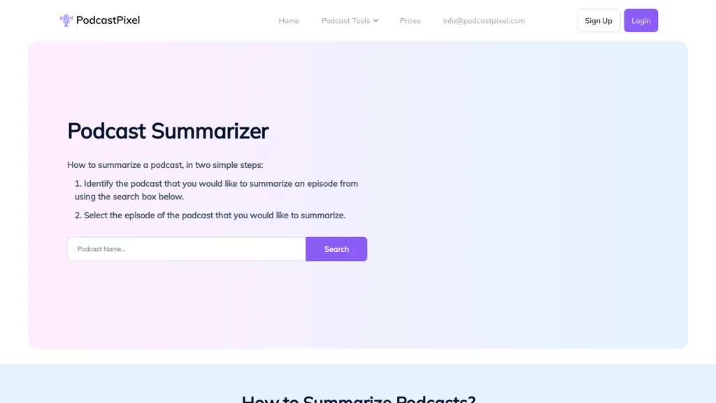 PodcastPixel - Podcast Summarizer website
