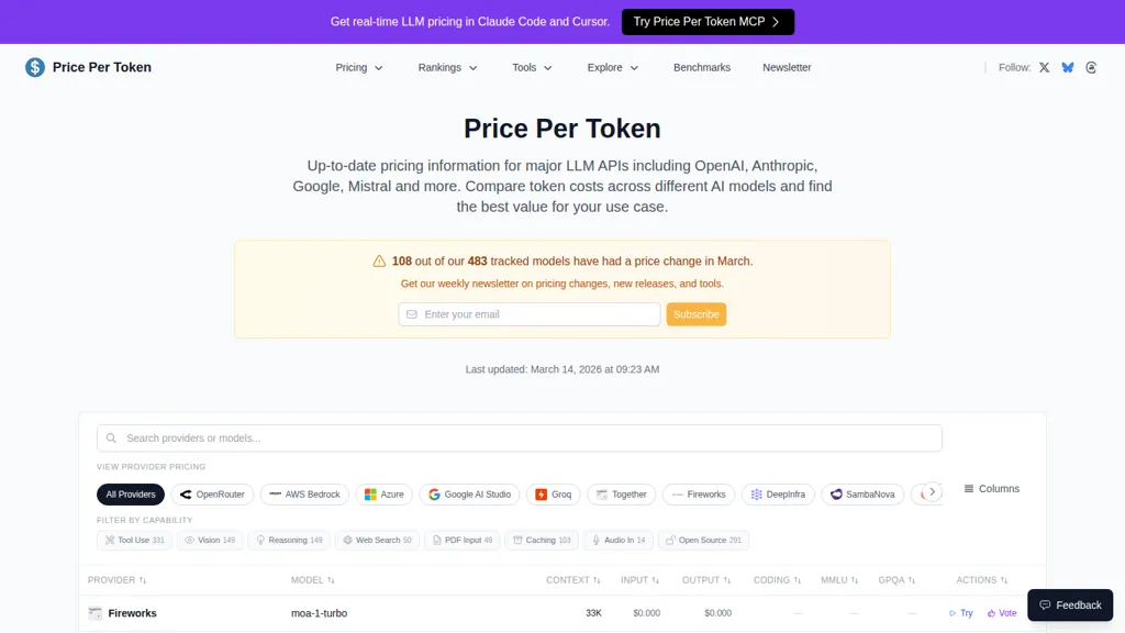 Pricepertoken.com AI tool screenshot
