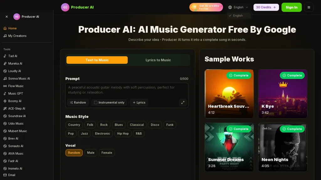 Producerai.art AI tool screenshot