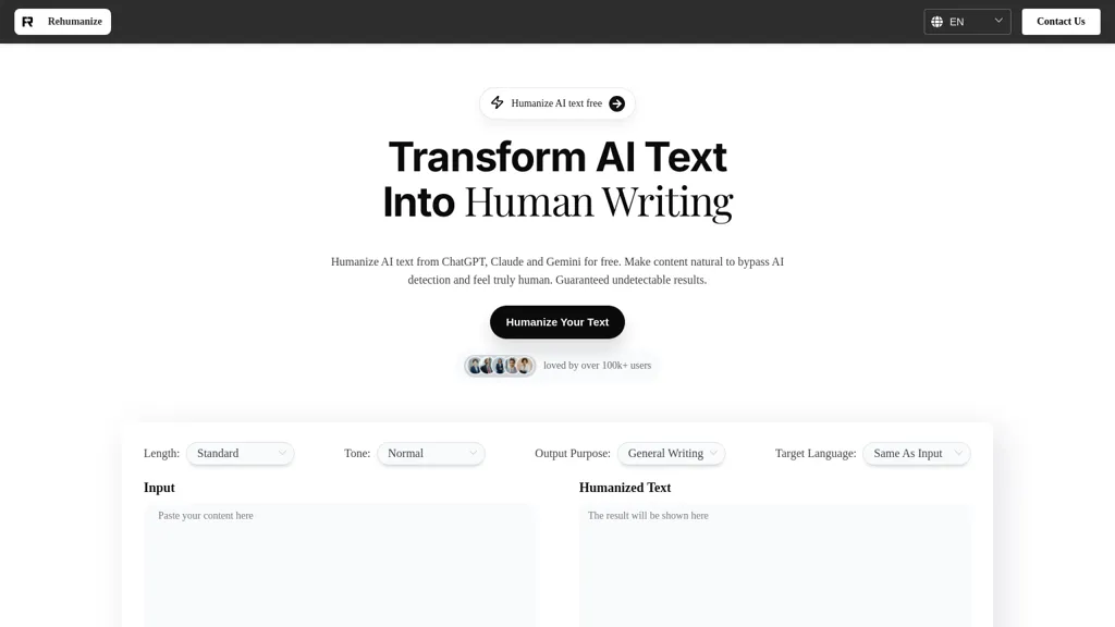 Rehumanize.io AI tool screenshot