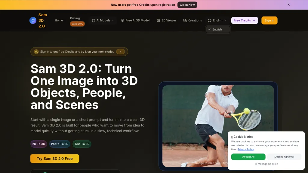 Sam3d2.com AI tool screenshot