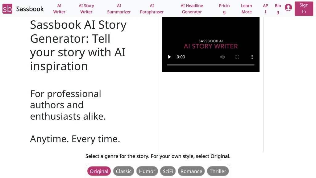 Sassbook AI Story generator website