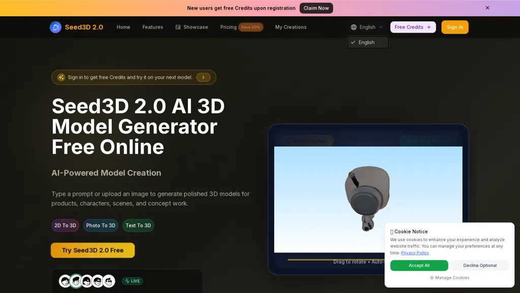 Seed3D20.com AI tool screenshot