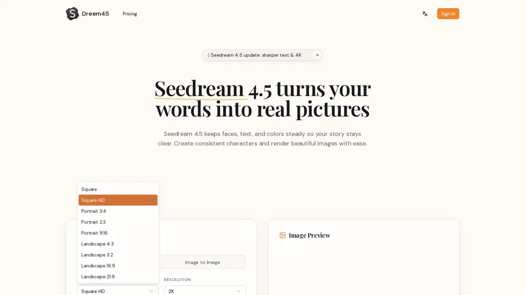 Seedream45.io AI tool screenshot