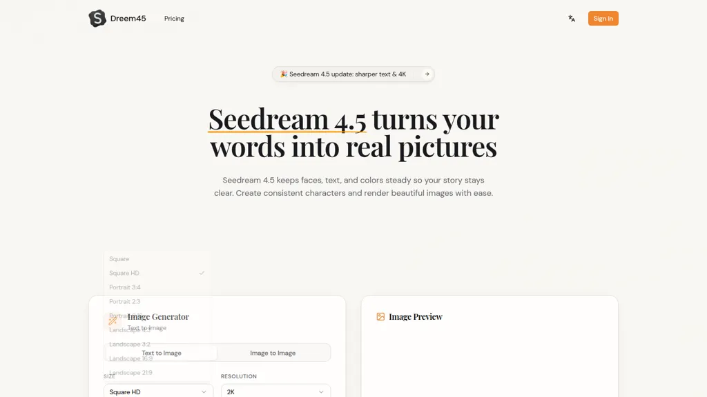 Seedream 4.5 AI tool screenshot