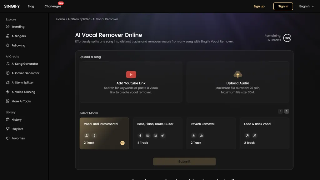 Singify Vocal Remover website
