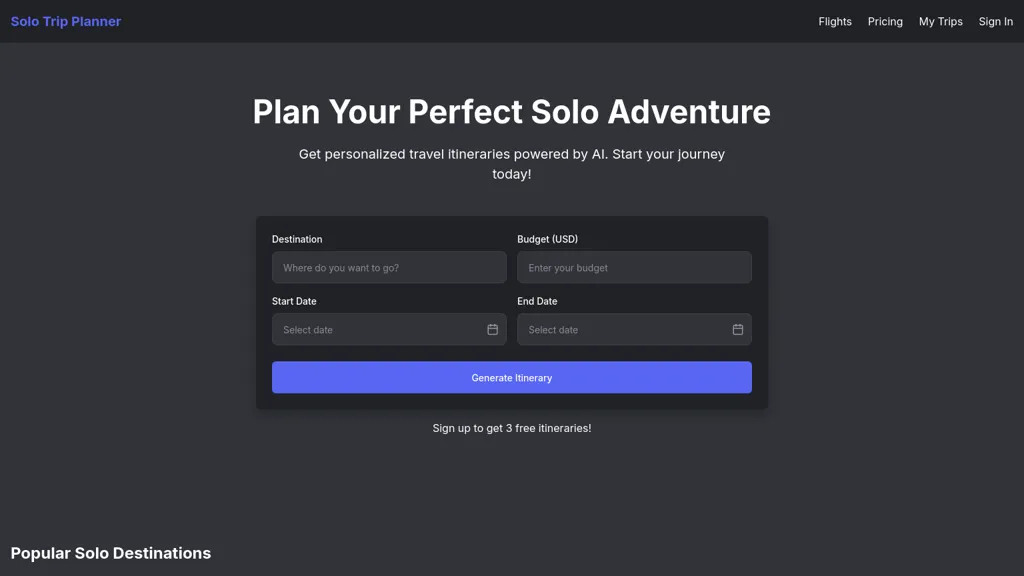 Solo Trip Planner AI tool screenshot