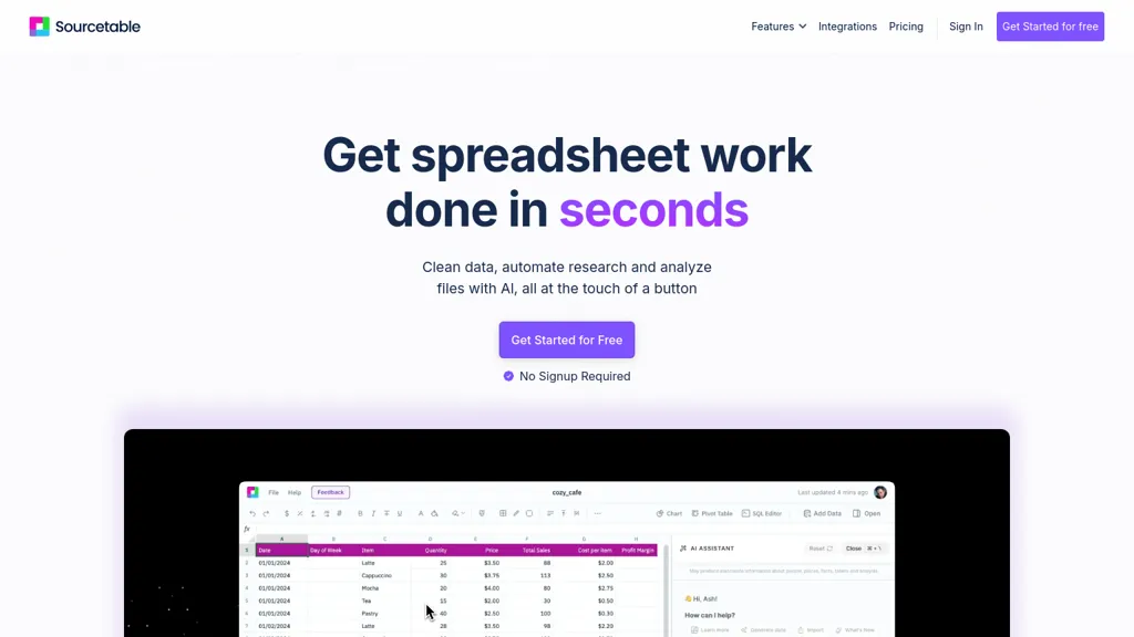 Sourcetable website