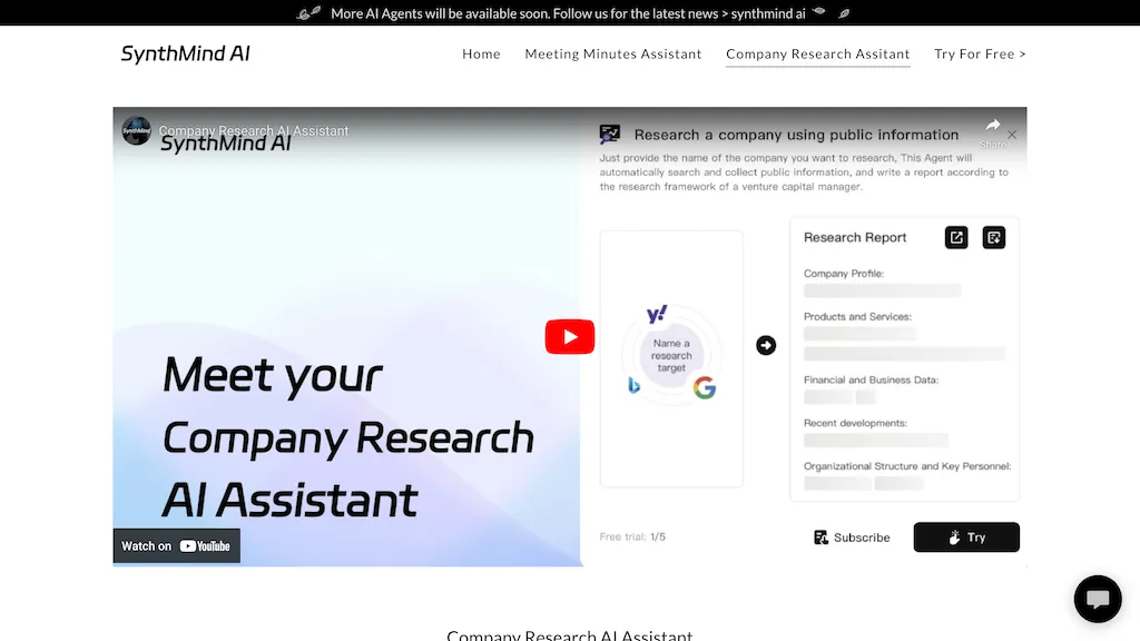 SynthMind Company Research Assistant website