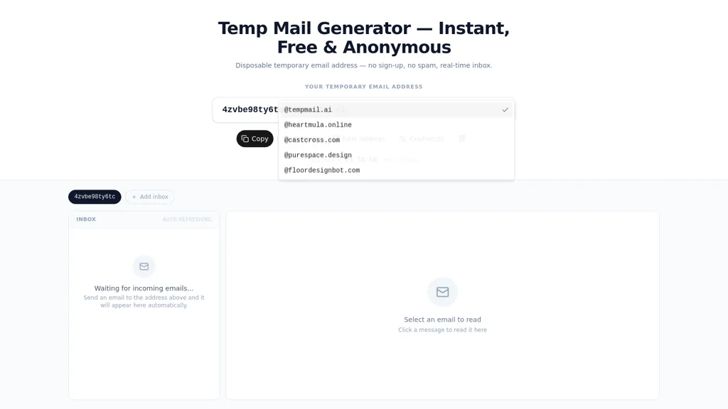 TempMail AI AI tool screenshot