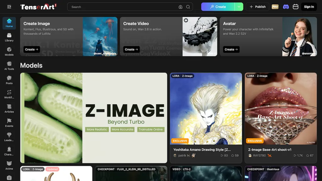 Tensor.art AI tool screenshot