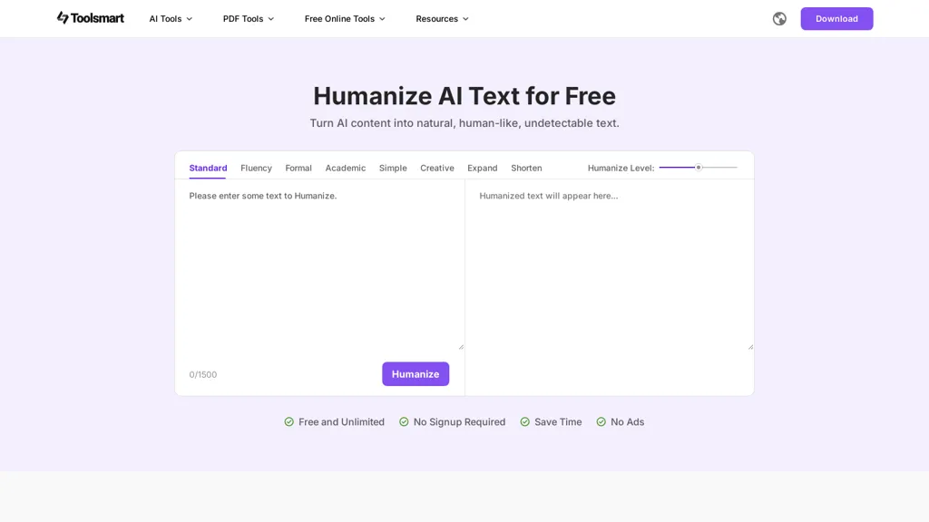 Toolsmart Free Humanize AI website
