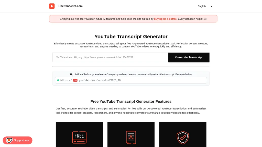 Tube Transcript  AI tool screenshot