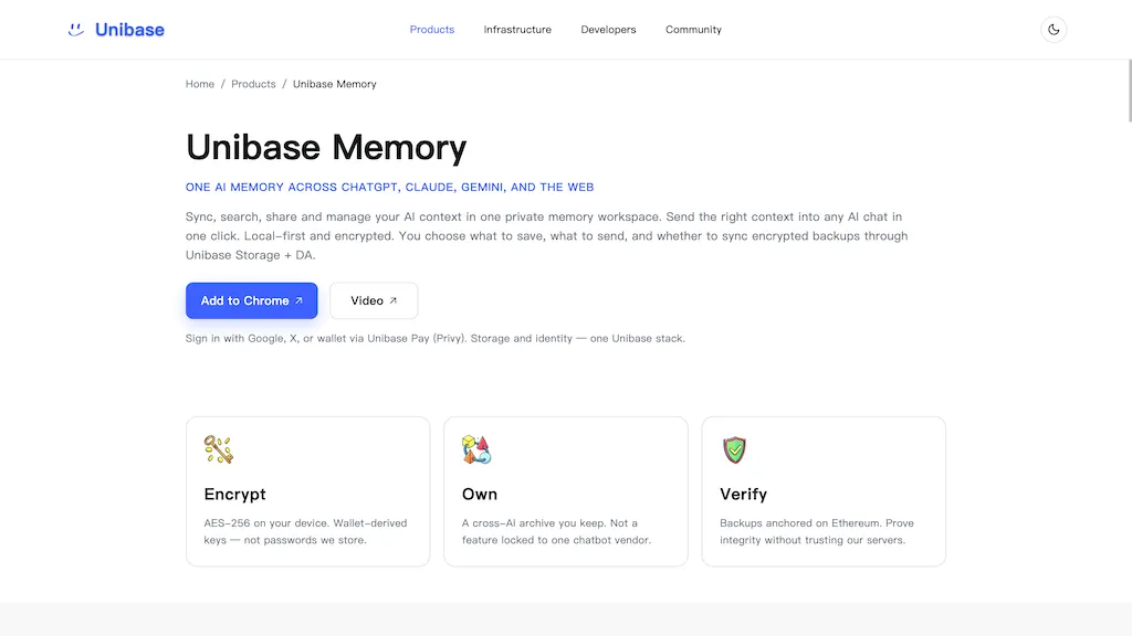 Unibase memory AI tool screenshot