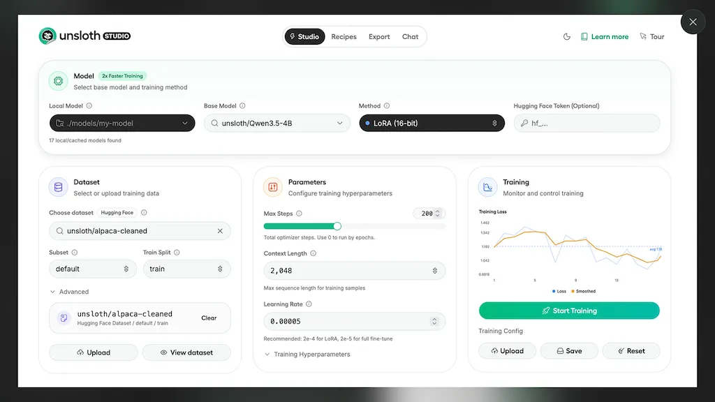 Unsloth Studio AI tool screenshot