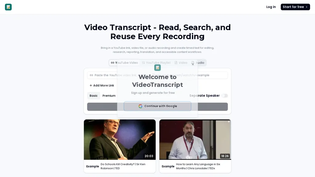videotranscript.ai AI tool screenshot